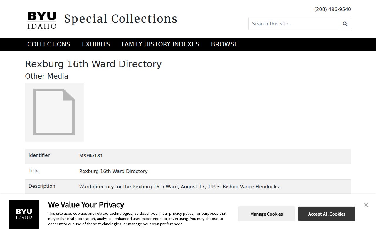 BYU-Idaho archive record for the Rexburg 16th Ward Directory