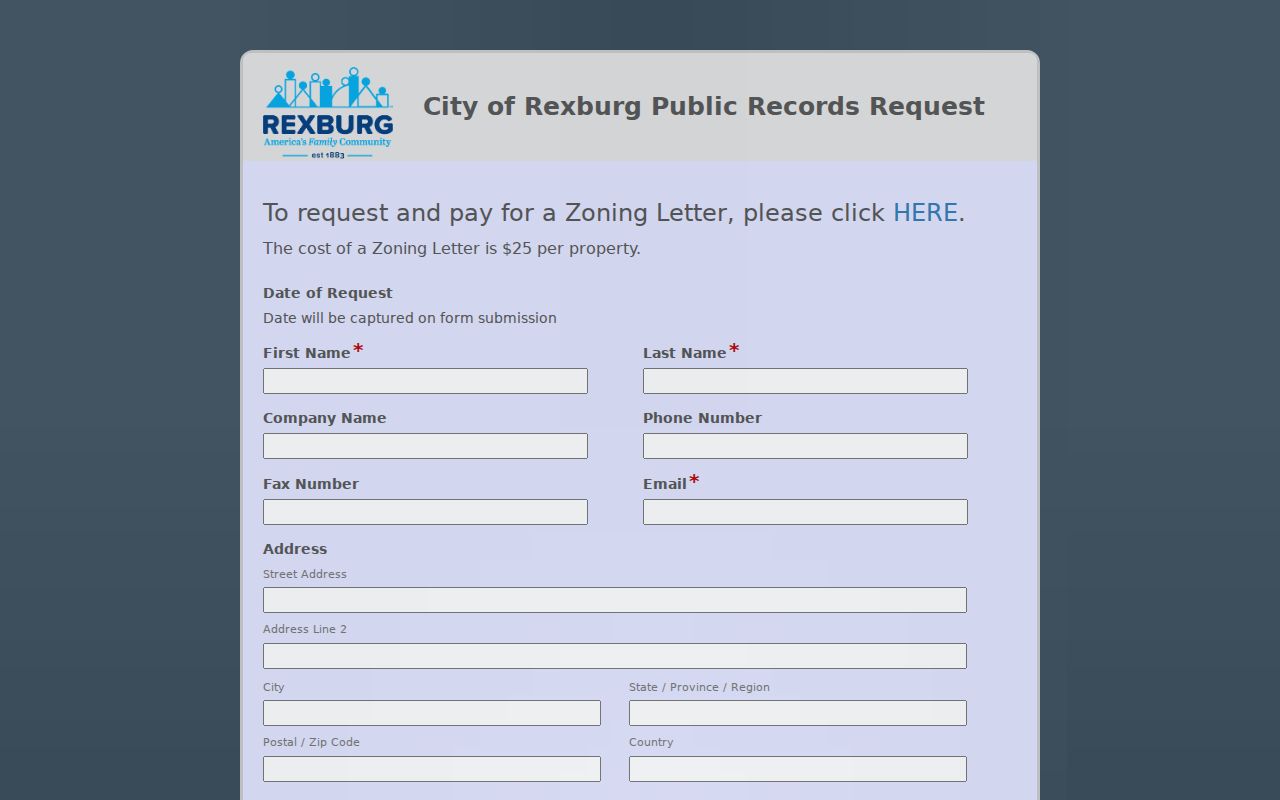 Rexburg public records request form for block and planning files