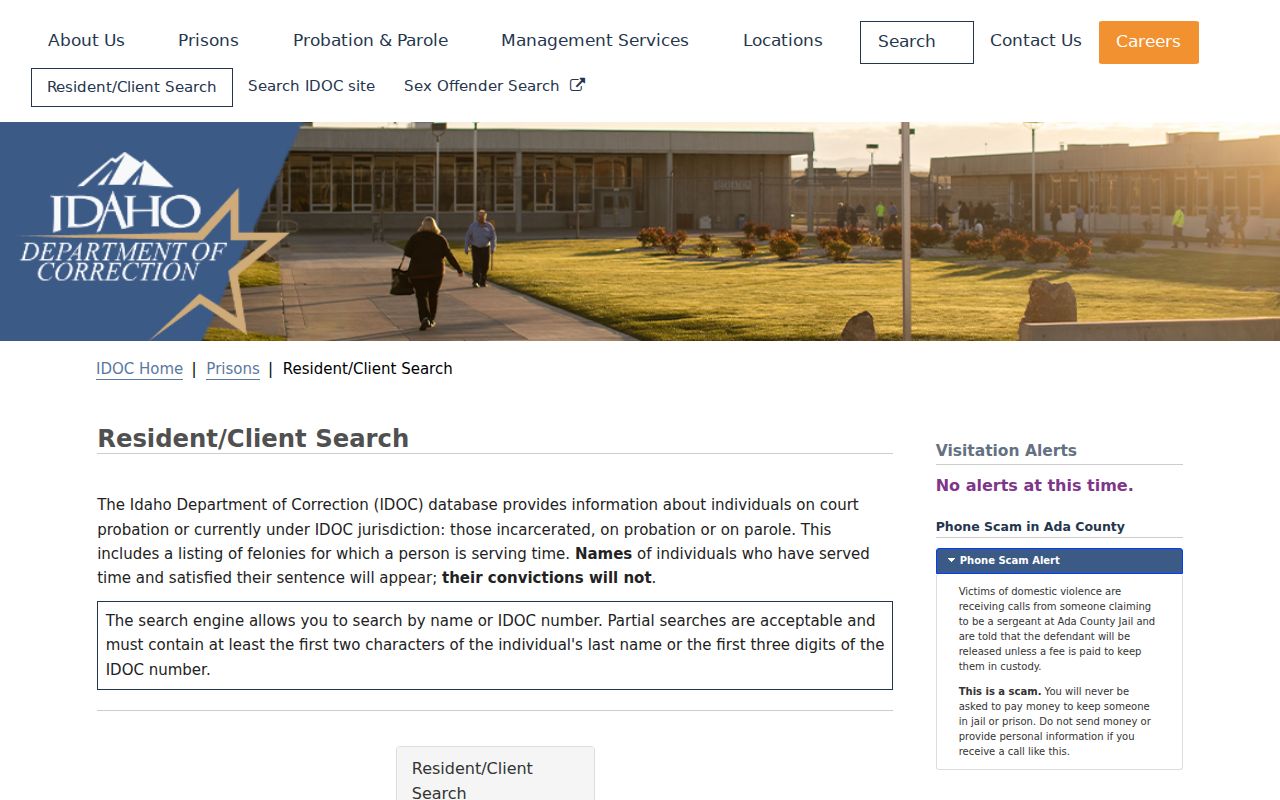 Idaho Department of Correction resident and client search page