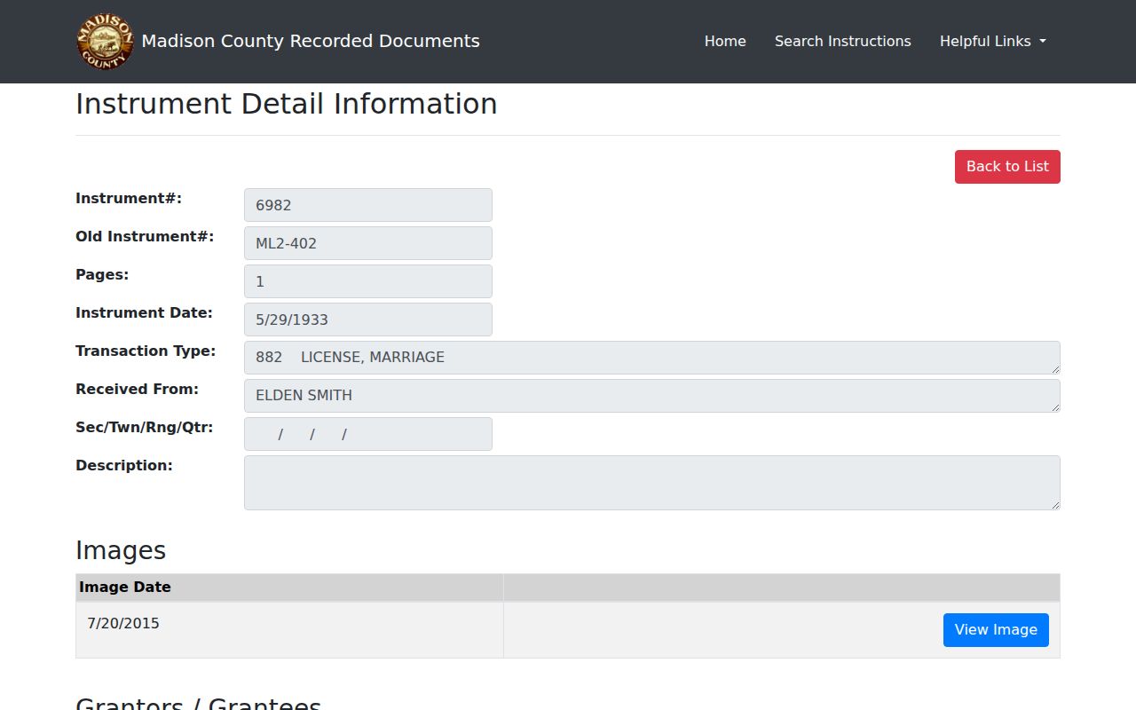 Madison County recorded document detail with instrument dates and named parties